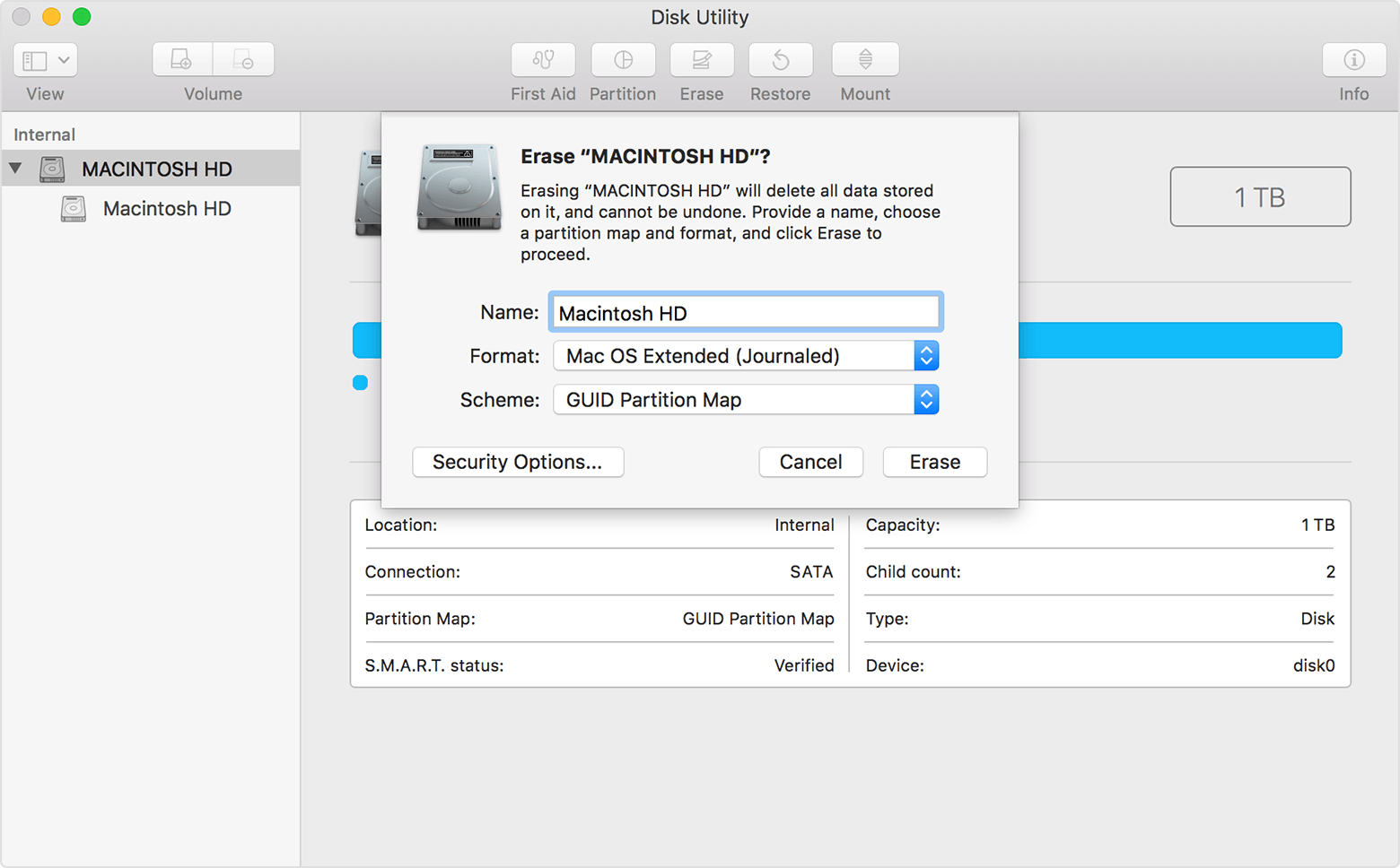 Macos High Sierra磁盤實用程序擦除內部驅動器