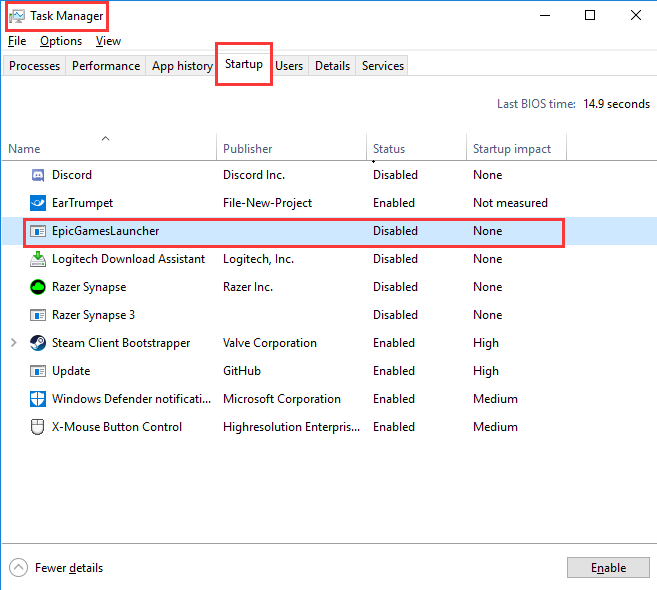 在Windows 10中禁用Epic Games Launcher
