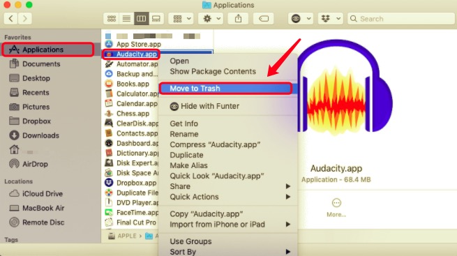 從 Mac 上的應用程序文件夾中刪除 Audacity