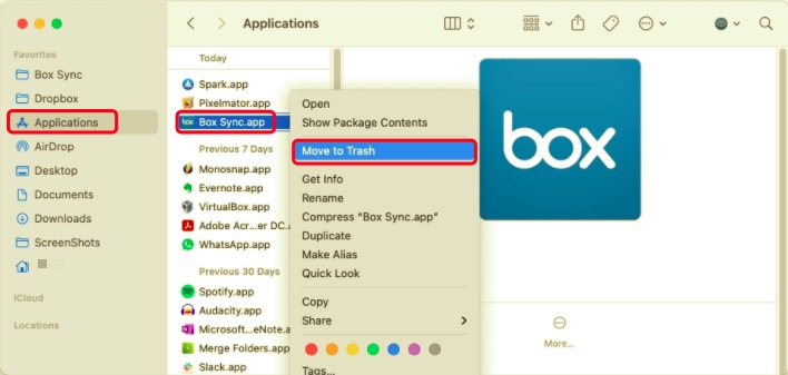 通過將其拖到廢紙簍來卸載 Mac 上的 Box Sync