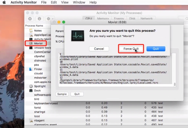 在 Mac 上強制退出以卸載 Movist