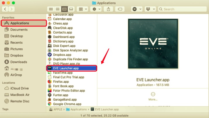 通過應用程序文件夾從 Mac 中刪除 EVE Online