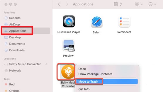 將 Sidify 音樂轉換器移至垃圾箱