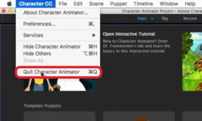 卸載應用程序之前退出 Character Animator