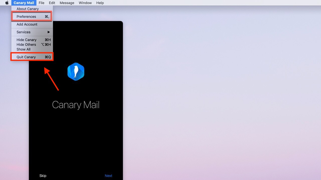 選擇 Canary Mail 並點擊退出 Canary