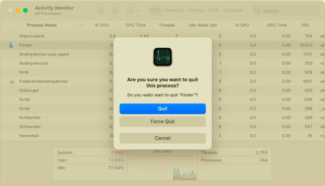 使用活動監視器退出 Mac 上的 Finder