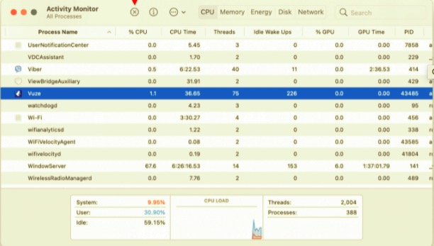 在 Mac 上卸載之前通過活動監視器退出 Vuze