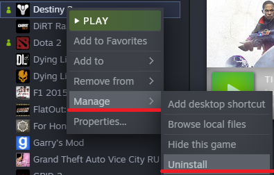 在 Steam 上卸載 Destiny 2
