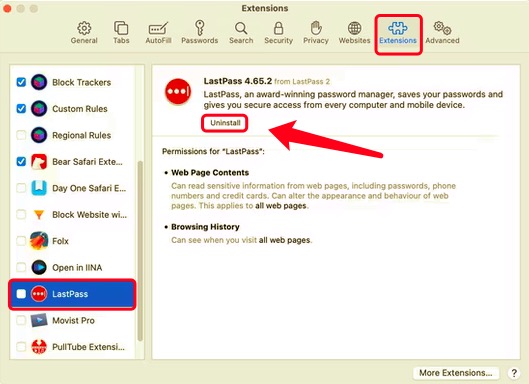 在 Mac 上刪除 LastPass Safari 擴展