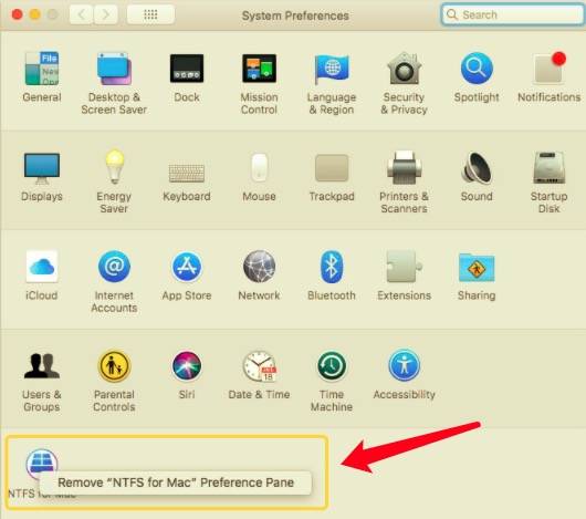 刪除 NTFS For Mac 首選項窗格