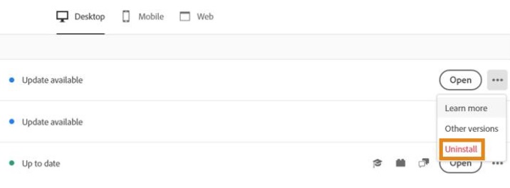 從 Creative Cloud 桌面移除 Adob​​e Dimenson