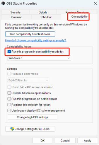 啟用相容模式以修復 OBS 遊戲捕獲不工作的問題