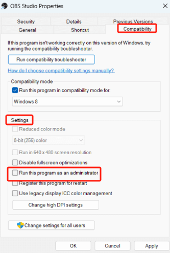 以管理員身份運行OBS來修復遊戲捕獲黑屏