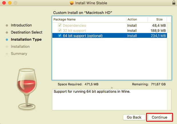 在 Mac 上安裝 Wine 時打開 64 位支持