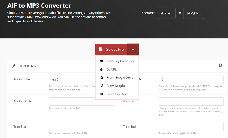使用CloudConvert將AIF轉換為MP3
