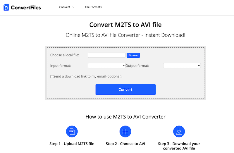 訪問 ConvertFiles.com 將 M2TS 轉換為 AVI
