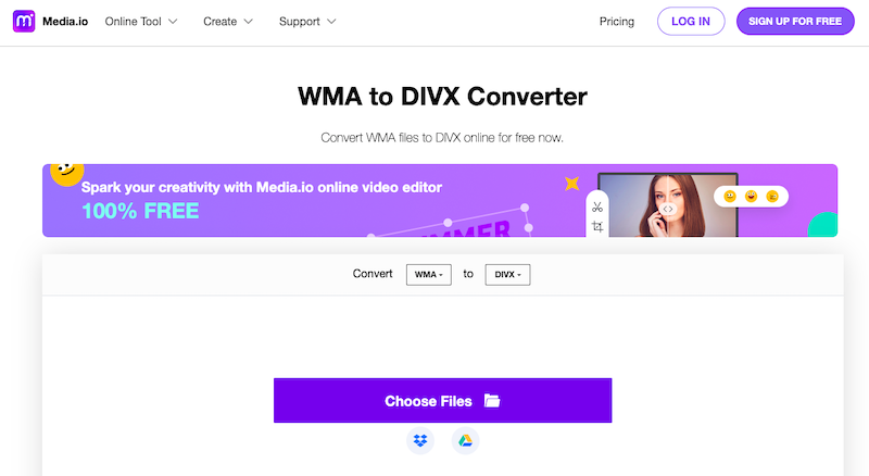 Media.io：在線 WMA 到 DivX 轉換器