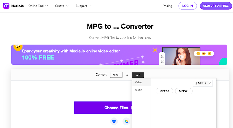 Media.io：在線 MPG 到 MPEG 轉換器