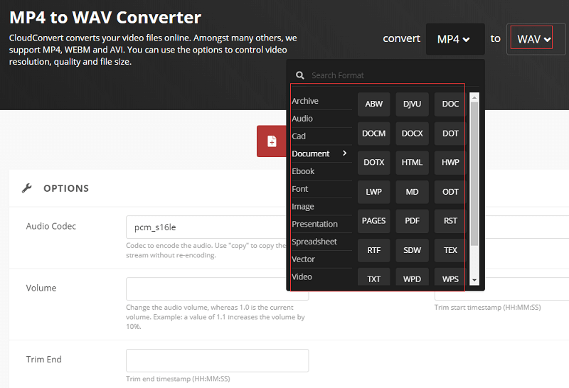 通過CloudConvert將視頻轉換為WAV